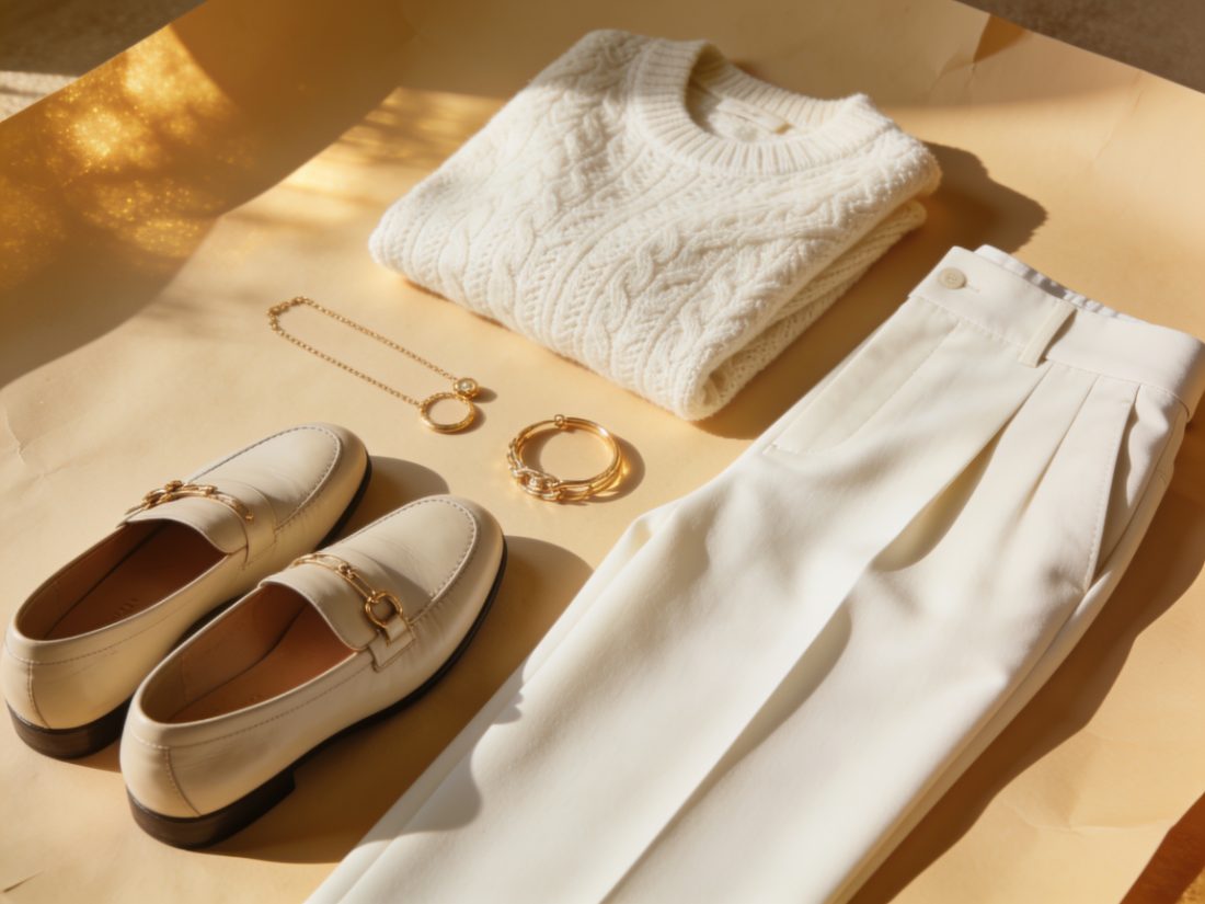A curated daily outfit laid out with couture precision in warm light