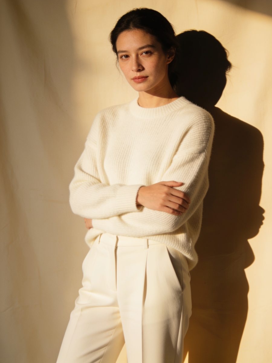 The Editor — a woman in understated refined ivory dressing