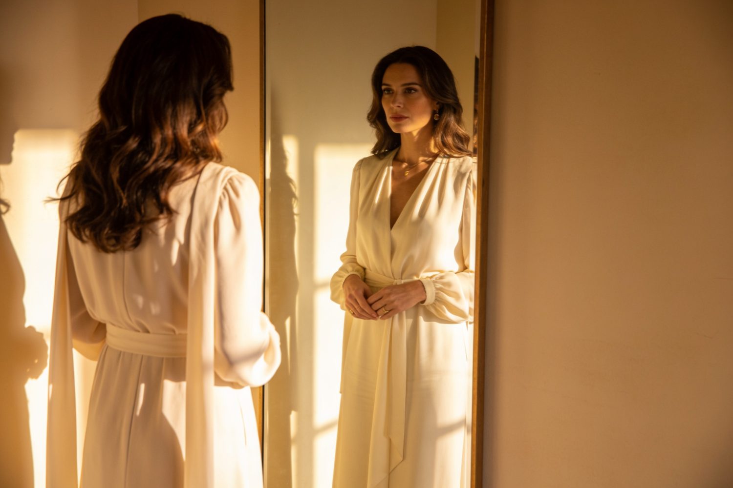 A woman seeing herself in a mirror in warm light, a moment of recognition