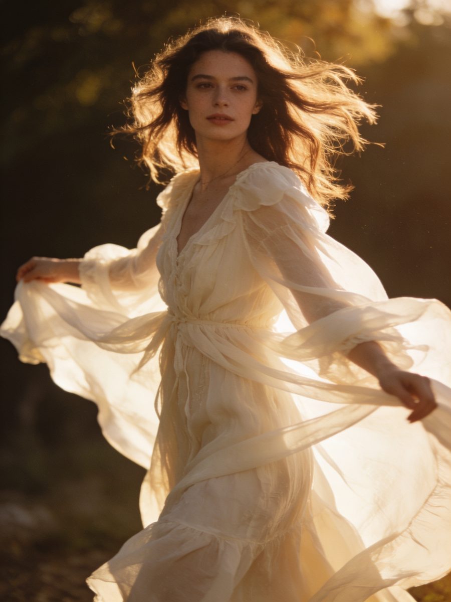 The Poet — a woman in flowing layers caught mid-movement in golden light