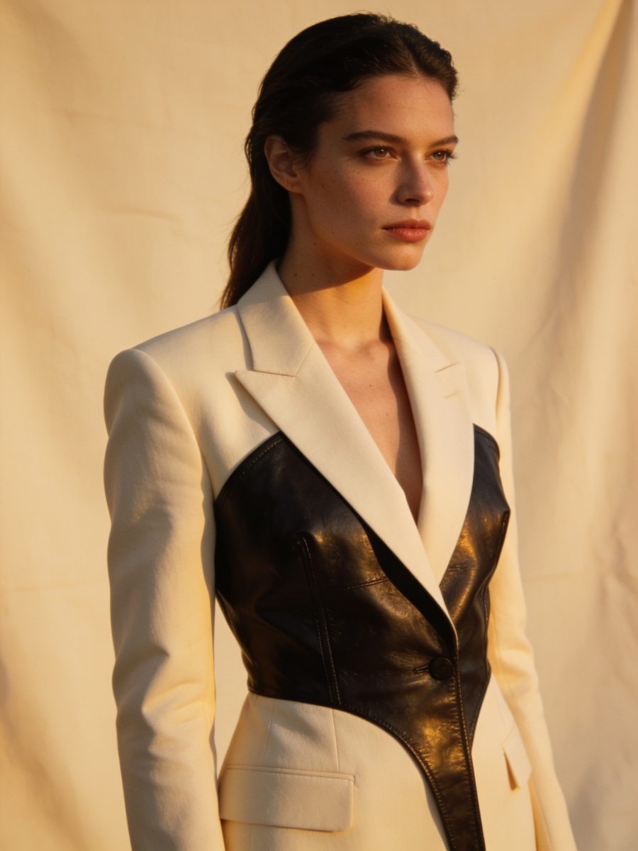 The Rebel — a woman in refined rebellious tailoring with leather over cream