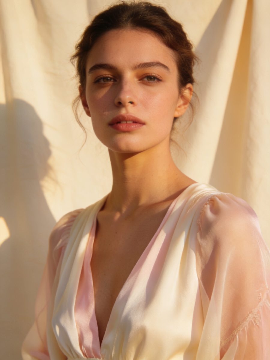 The Romantic — a woman in tender soft silk dressing in blush and cream