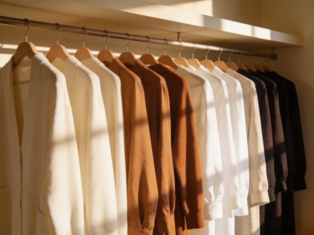 A serene neutral wardrobe in warm morning light